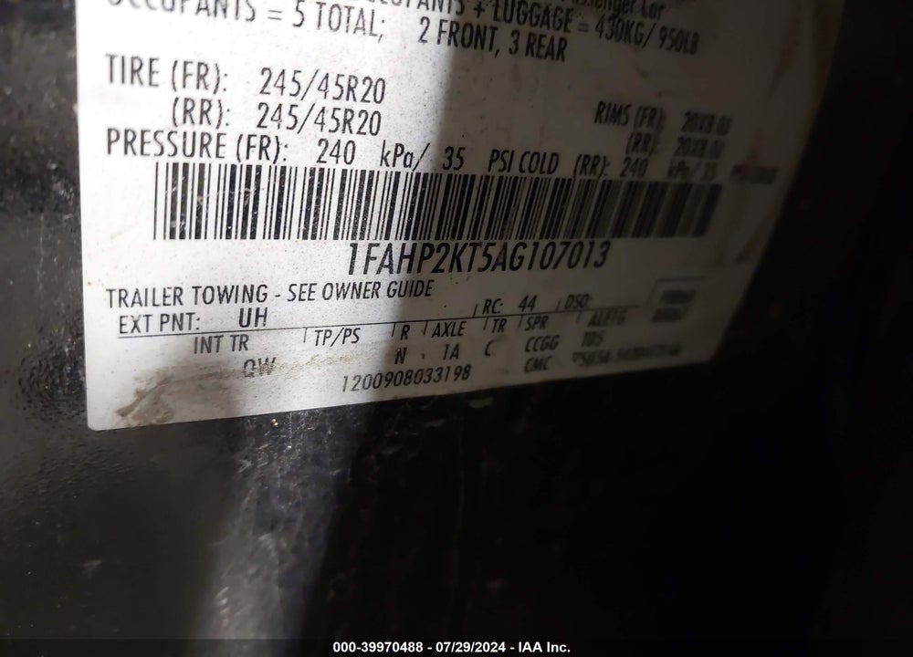 2010 FORD TAURUS SHO VIN: 1FAHP2KT5AG107013