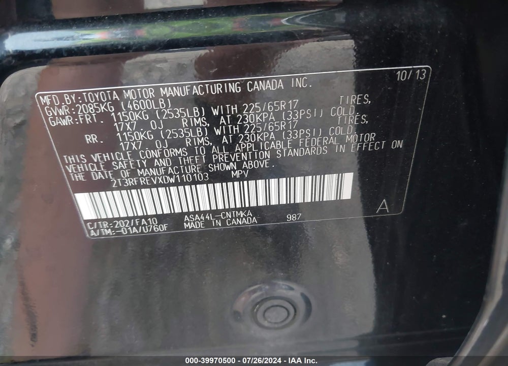 2013 TOYOTA RAV4 XLE VIN: 2T3RFREVXDW110103
