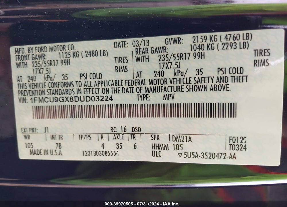 2013 FORD ESCAPE SE VIN: 1FMCU9GX8DUD03224