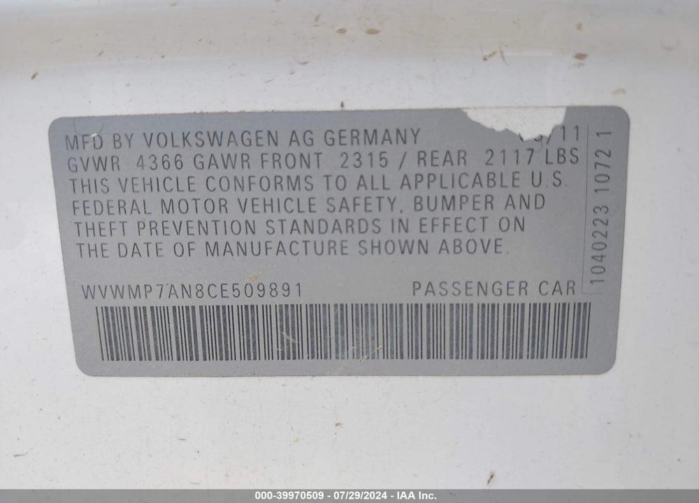 2012 VOLKSWAGEN CC R-LINE VIN: WVWMP7AN8CE509891