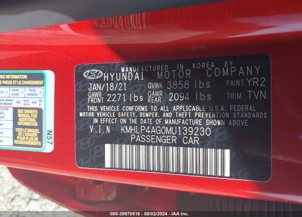 2021 HYUNDAI ELANTRA LIMITED VIN: KMHLP4AG0MU139230