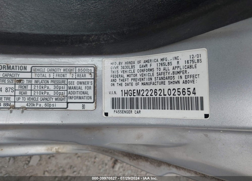 2002 HONDA CIVIC DX VIN: 1HGEM22262L025654