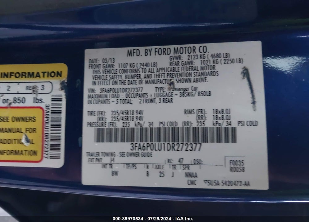 2013 FORD FUSION HYBRID SE VIN: 3FA6P0LU1DR272377