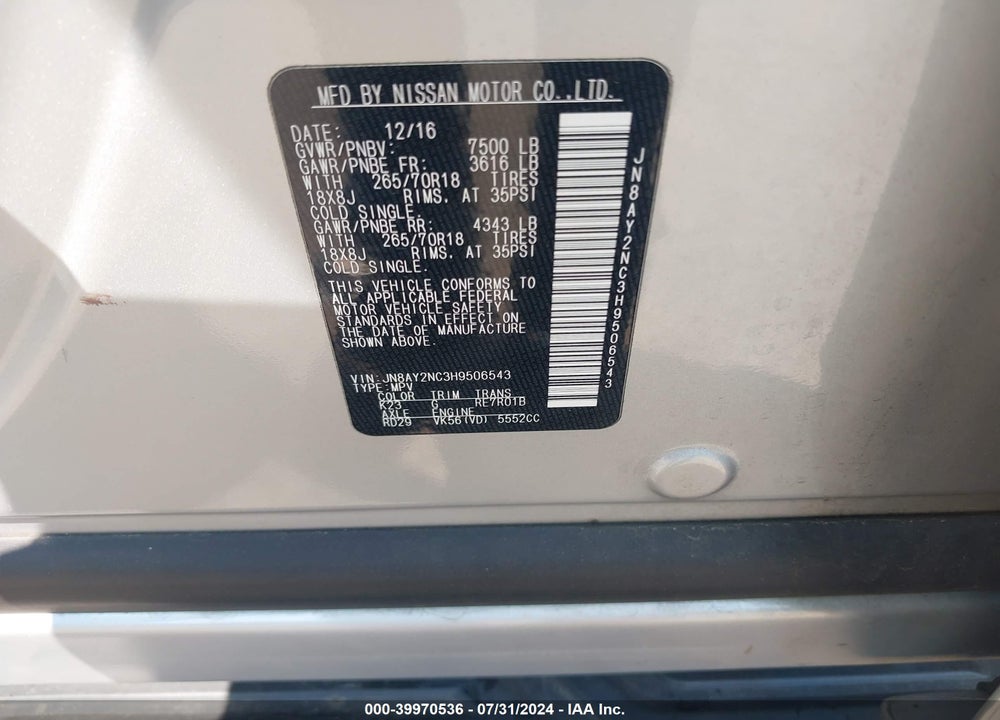 2017 NISSAN ARMADA SV VIN: JN8AY2NC3H9506543