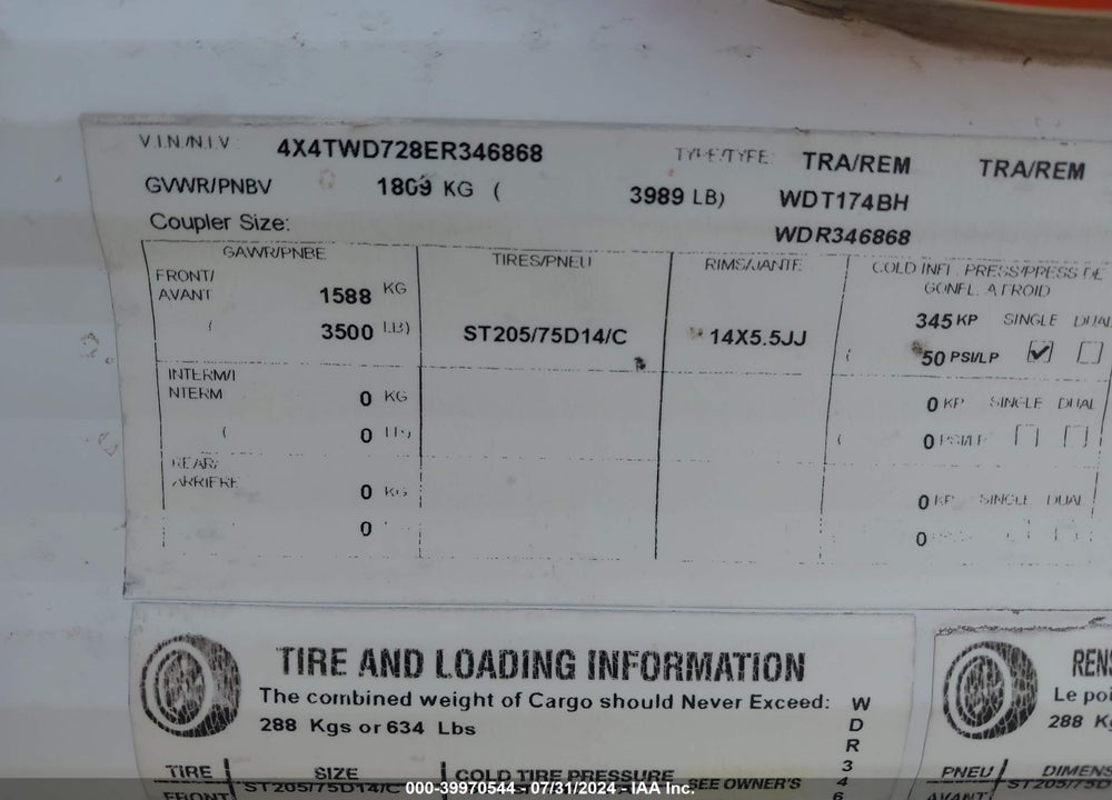 2014 WILDWOOD OTHER VIN: 4X4TWD728ER346868