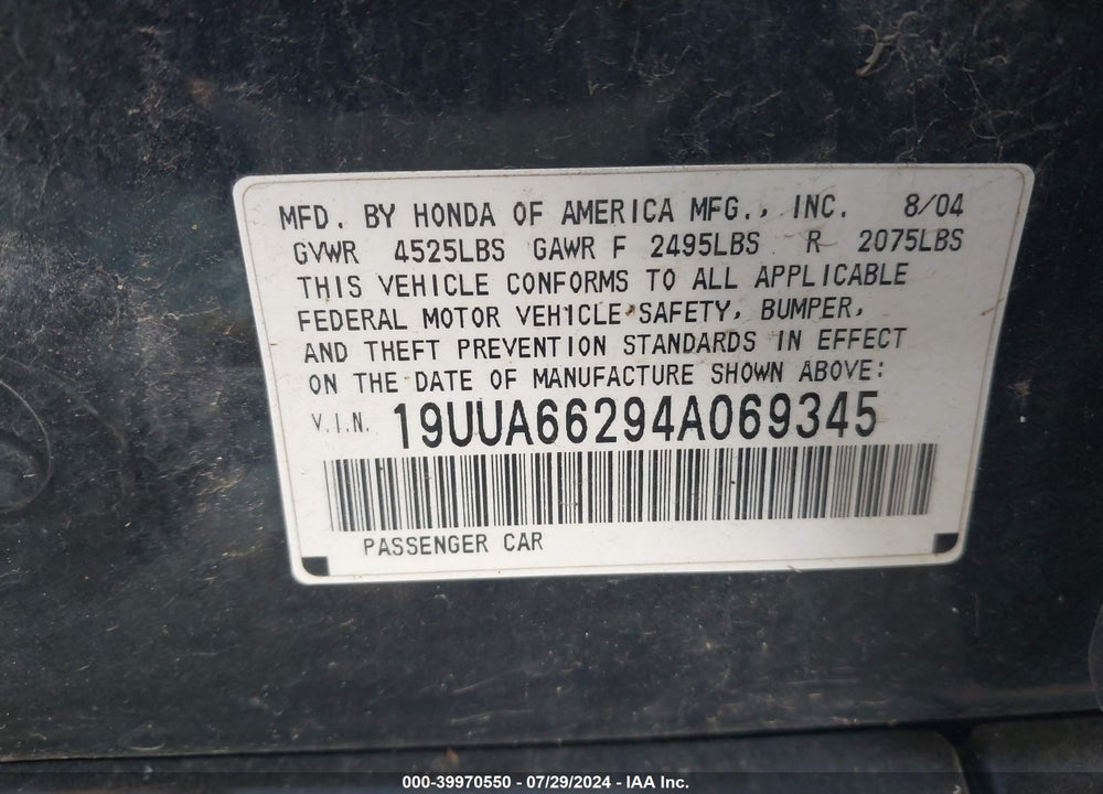 2004 ACURA TL VIN: 19UUA66294A069345