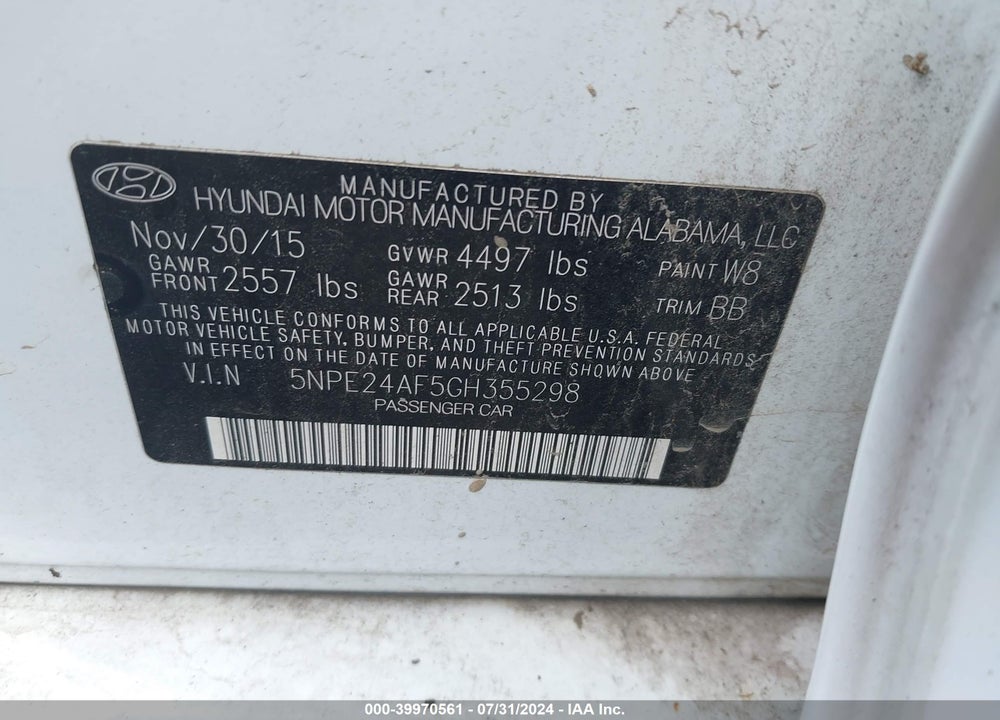 2016 HYUNDAI SONATA SE VIN: 5NPE24AF5GH355298