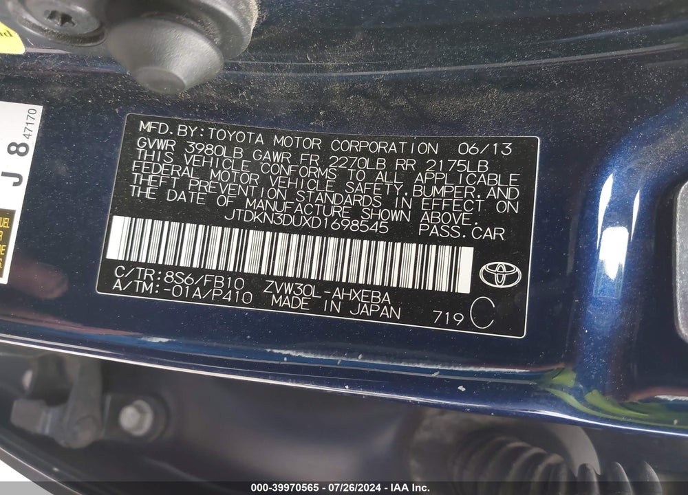 2013 TOYOTA PRIUS TWO VIN: JTDKN3DUXD1698545