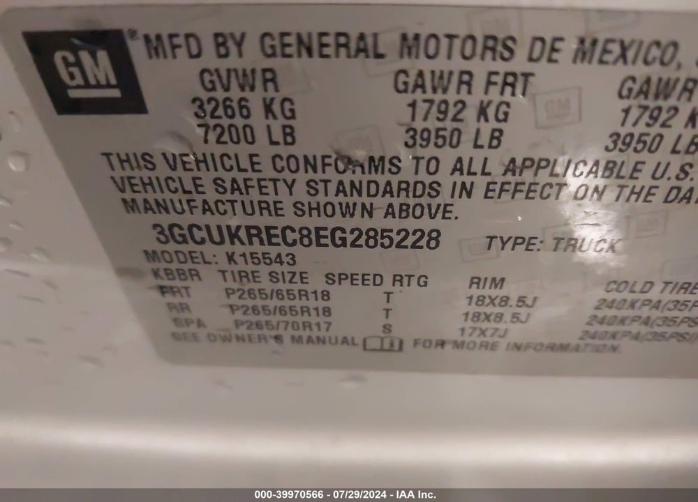2014 CHEVROLET SILVERADO 1500 2LT VIN: 3GCUKREC8EG285228