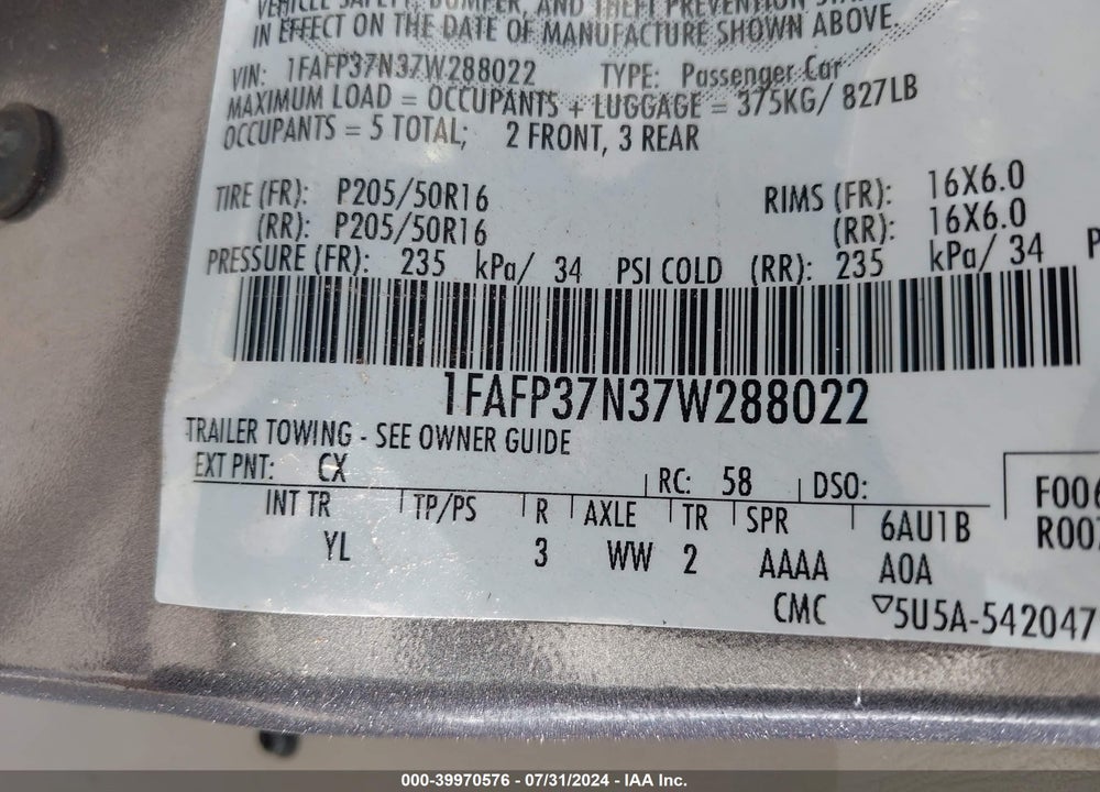 2007 FORD FOCUS S/SE/SES VIN: 1FAFP37N37W288022