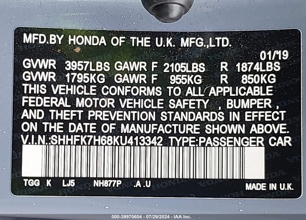 2019 HONDA CIVIC EX VIN: SHHFK7H68KU413342