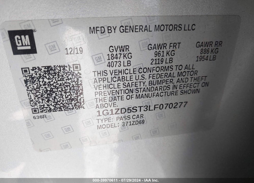 2020 CHEVROLET MALIBU FWD LT VIN: 1G1ZD5ST3LF070277