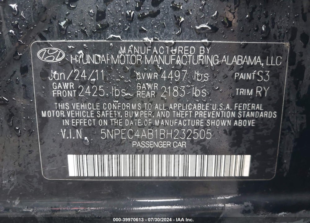 2011 HYUNDAI SONATA SE 2.0T VIN: 5NPEC4AB1BH232505