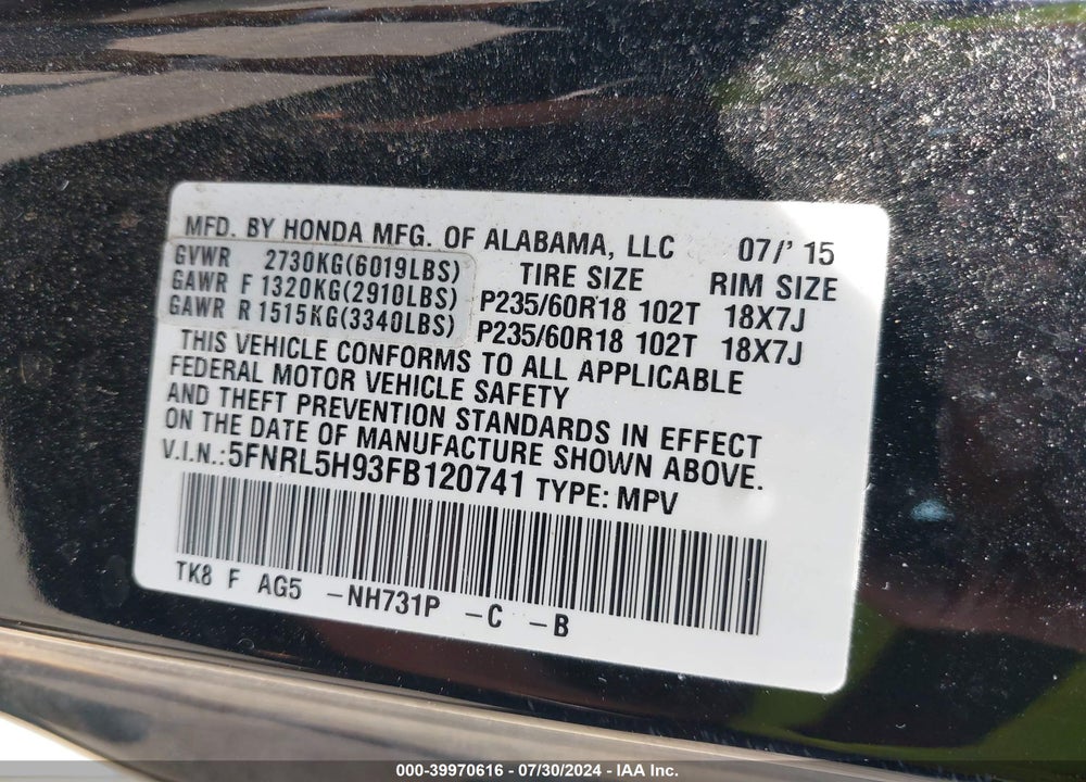2015 HONDA ODYSSEY TOURING/TOURING ELITE VIN: 5FNRL5H93FB120741