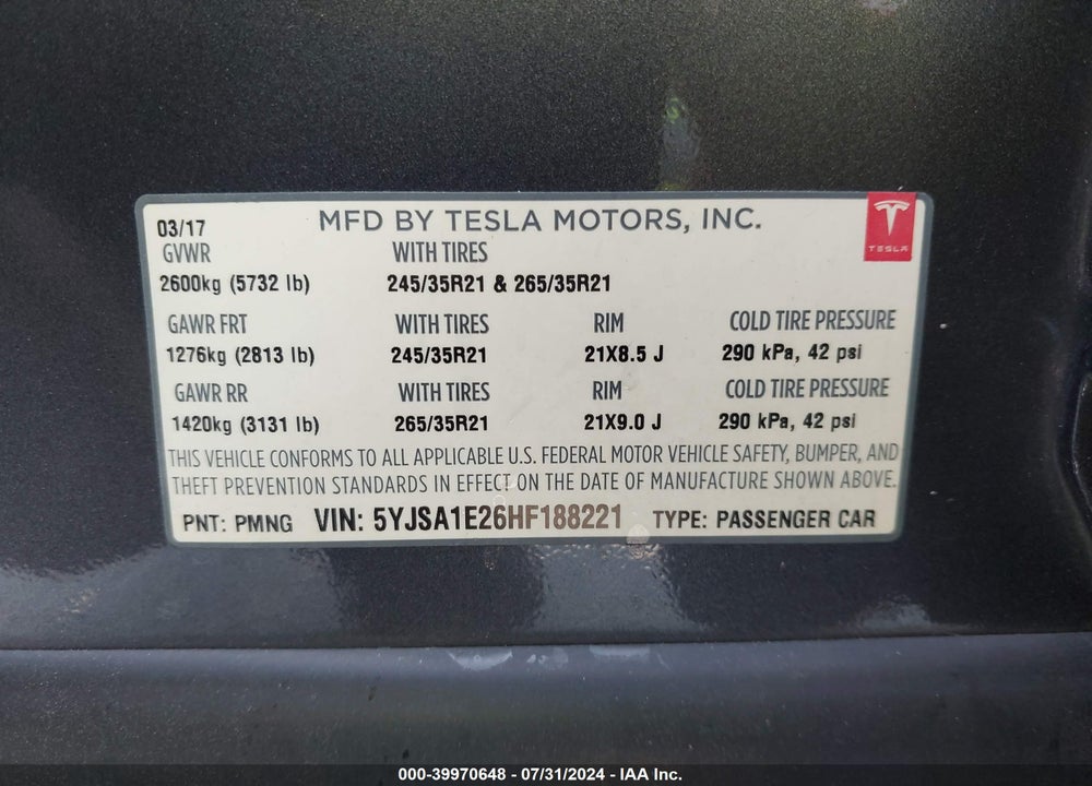 2017 TESLA MODEL S 100D/60D/75D/90D/P100D VIN: 5YJSA1E26HF188221