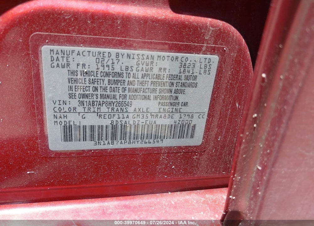 2017 NISSAN SENTRA SV VIN: 3N1AB7AP8HY266549