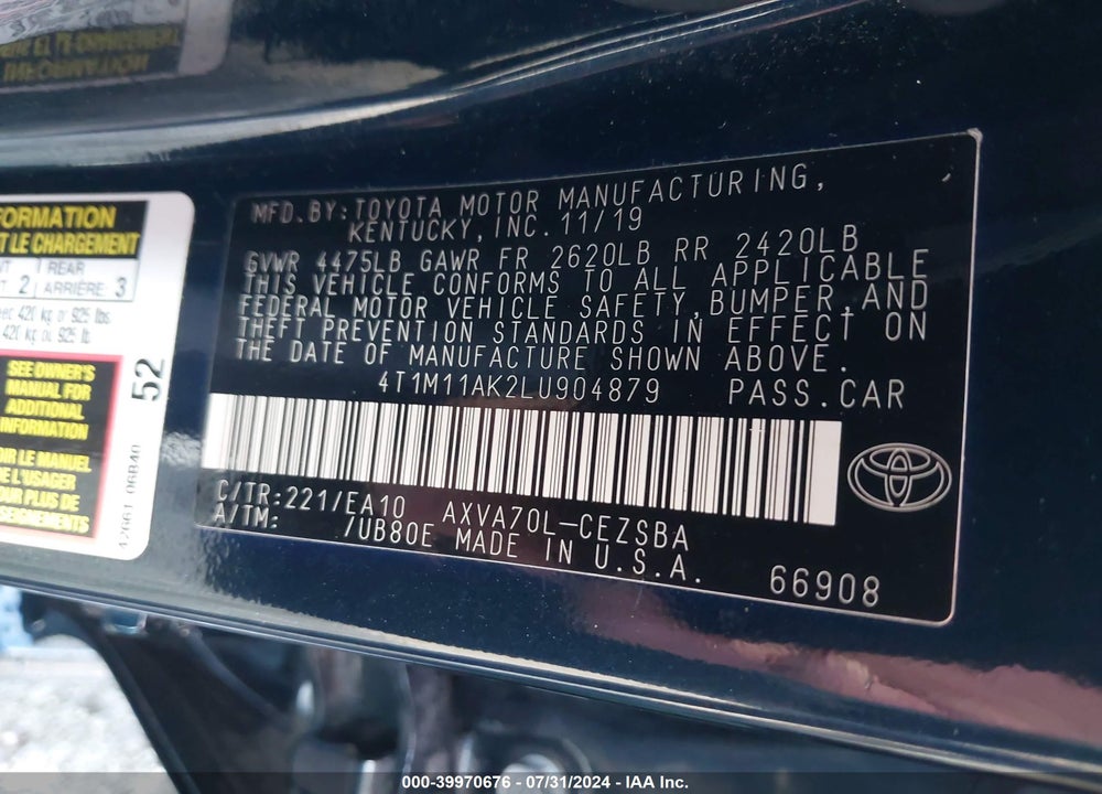 2020 TOYOTA CAMRY SE VIN: 4T1M11AK2LU904879