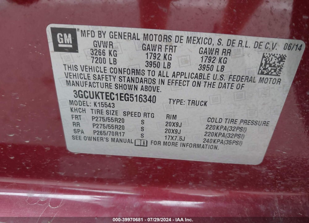 2014 CHEVROLET SILVERADO 1500 HIGH COUNTRY VIN: 3GCUKTEC1EG516340