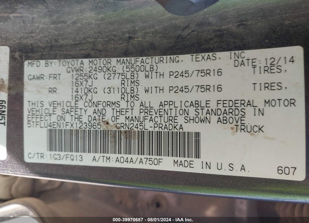2015 TOYOTA TACOMA BASE V6 VIN: 5TFLU4EN1FX123965