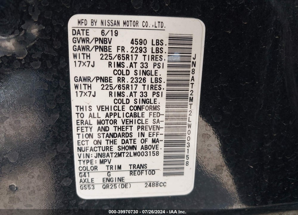 2020 NISSAN ROGUE S FWD VIN: JN8AT2MT2LW003158