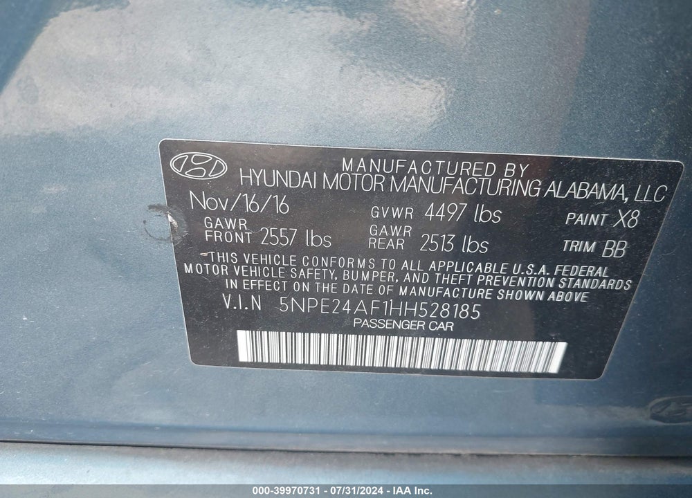 2017 HYUNDAI SONATA SE VIN: 5NPE24AF1HH528185