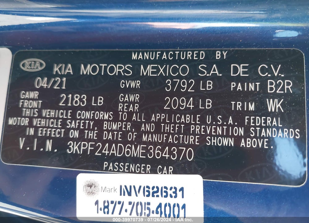 2021 KIA FORTE LXS VIN: 3KPF24AD6ME364370