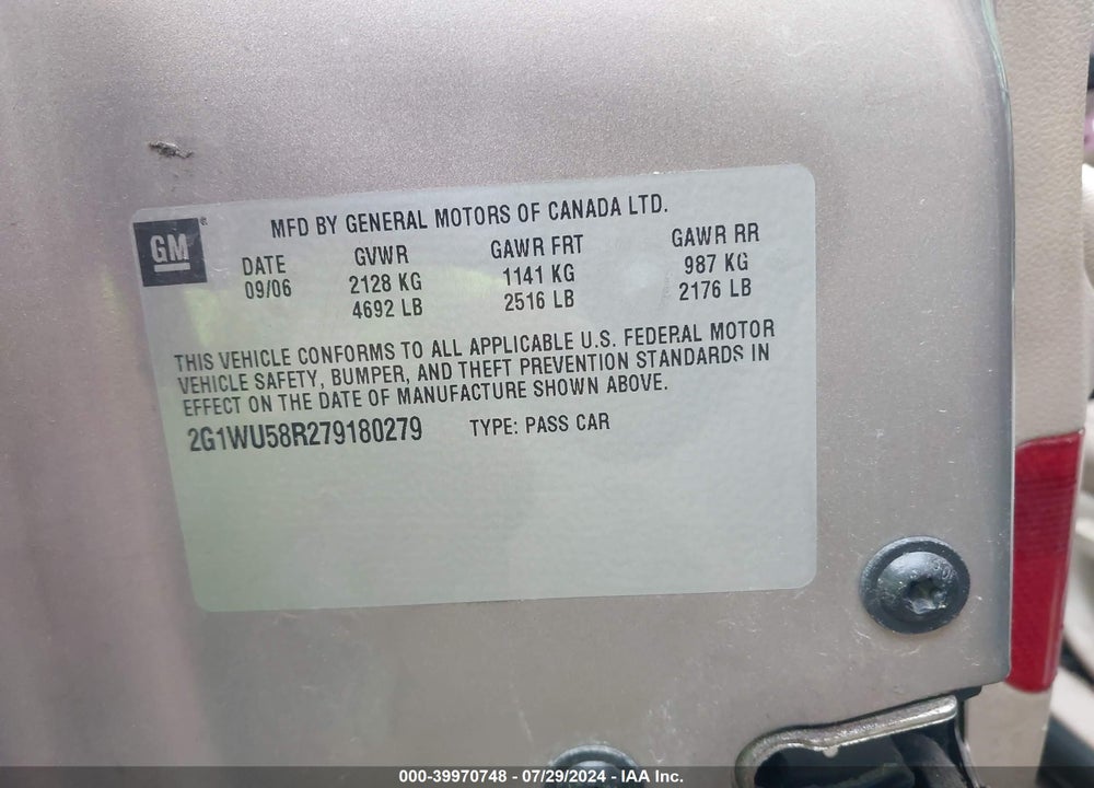 2007 CHEVROLET IMPALA LTZ VIN: 2G1WU58R279180279