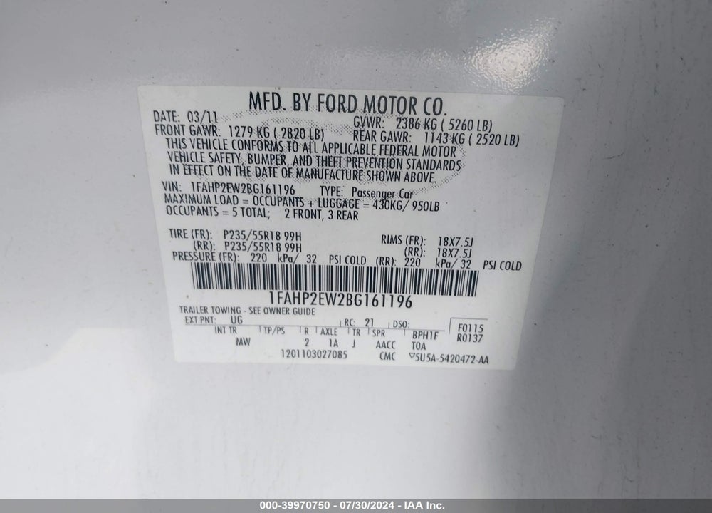 2011 FORD TAURUS SEL VIN: 1FAHP2EW2BG161196