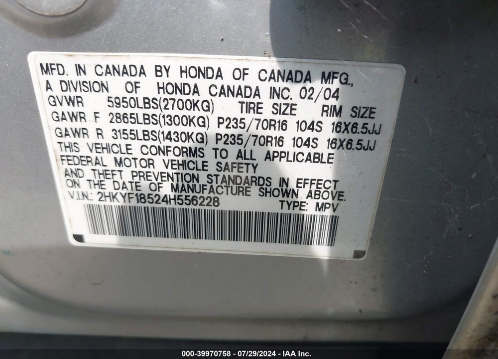 2004 HONDA PILOT EX-L VIN: 2HKYF18524H556228