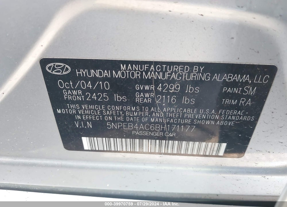 2011 HYUNDAI SONATA GLS VIN: 5NPEB4AC6BH171177