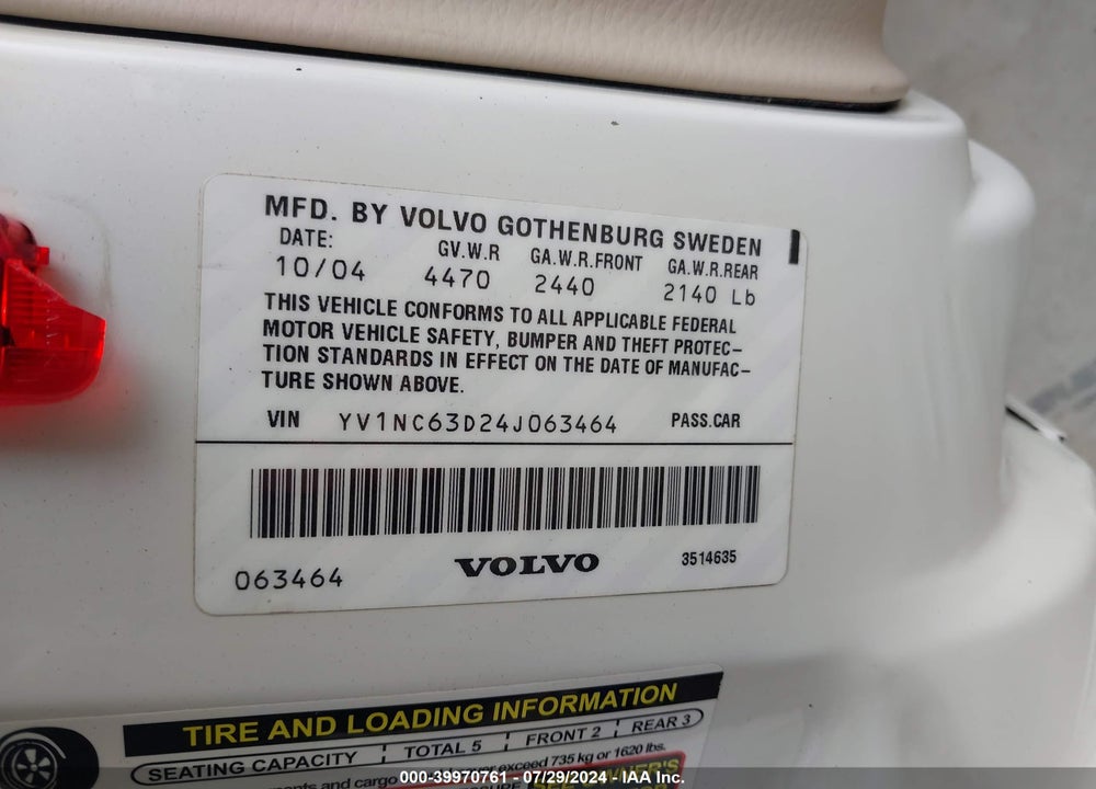 2004 VOLVO C70 LT VIN: YV1NC63D24J063464