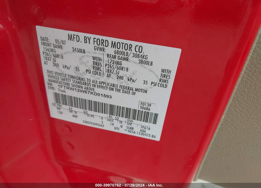 2007 FORD F-150 XLT VIN: 1FTRW12W67KD01593