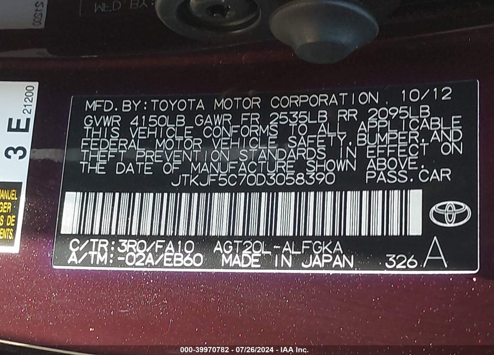2013 SCION TC BASE (A6)/RELEASE SERIES 8.0 VIN: JTKJF5C70D3058390