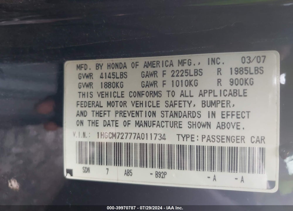 2007 HONDA ACCORD 2.4 EX VIN: 1HGCM72777A011734