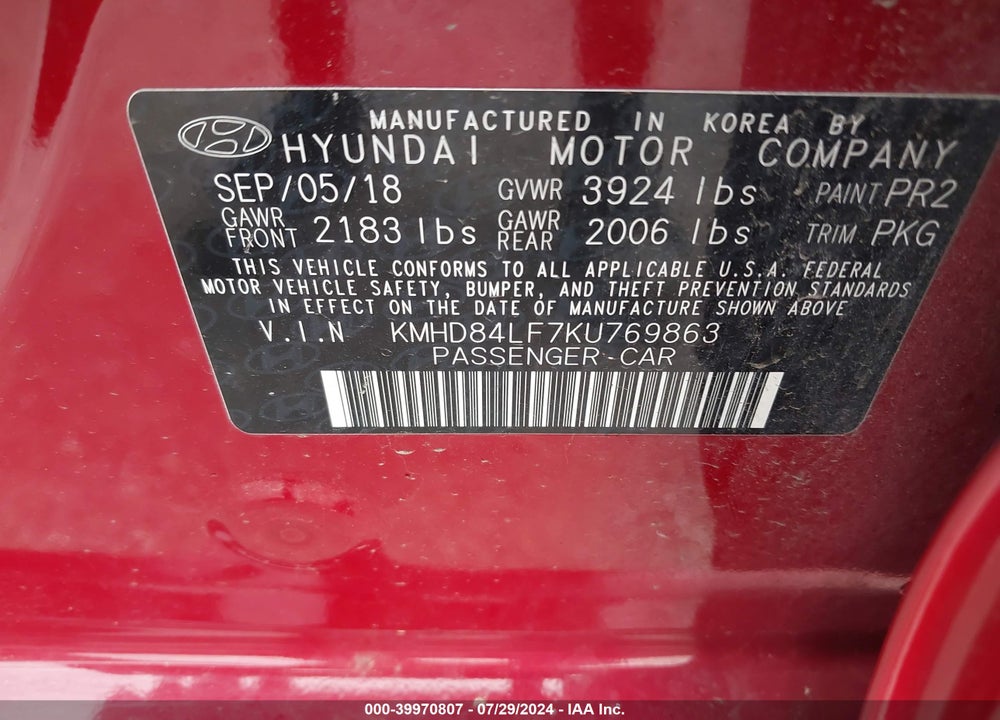 2019 HYUNDAI ELANTRA SEL VIN: KMHD84LF7KU769863