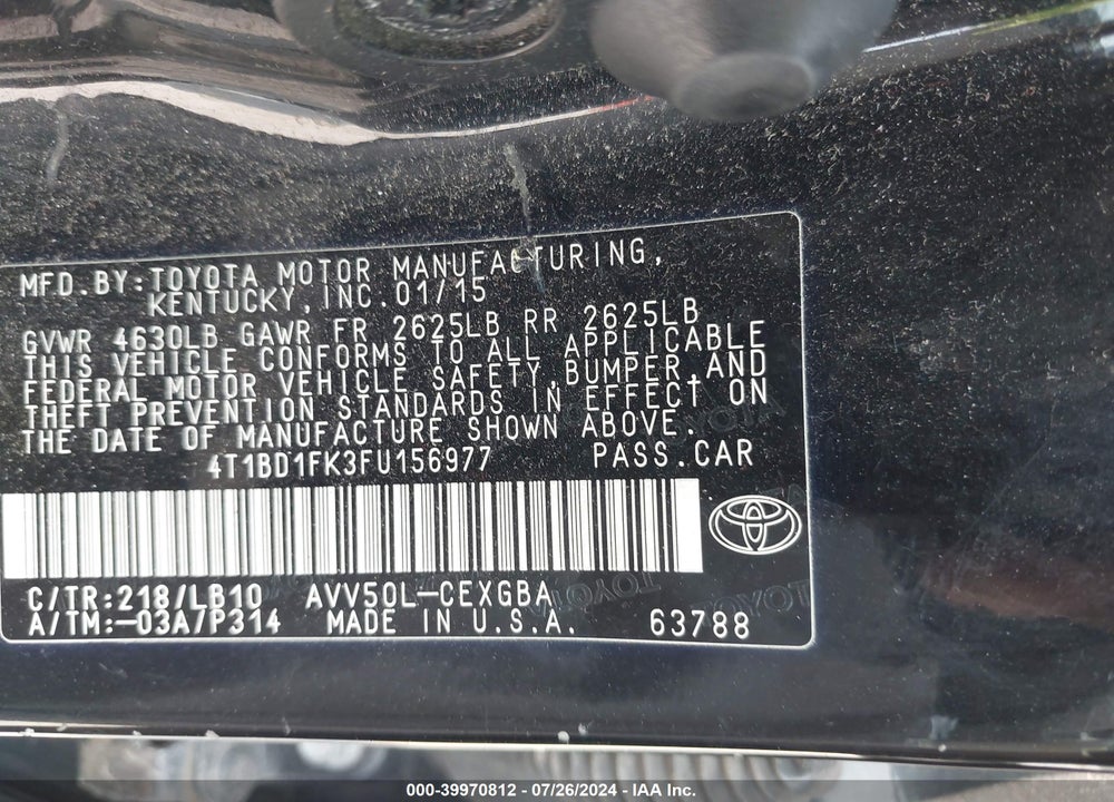 2015 TOYOTA CAMRY HYBRID XLE VIN: 4T1BD1FK3FU156977