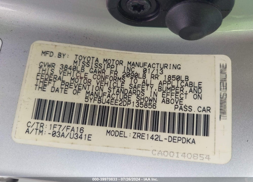 2013 TOYOTA COROLLA L VIN: 5YFBU4EE2DP135856