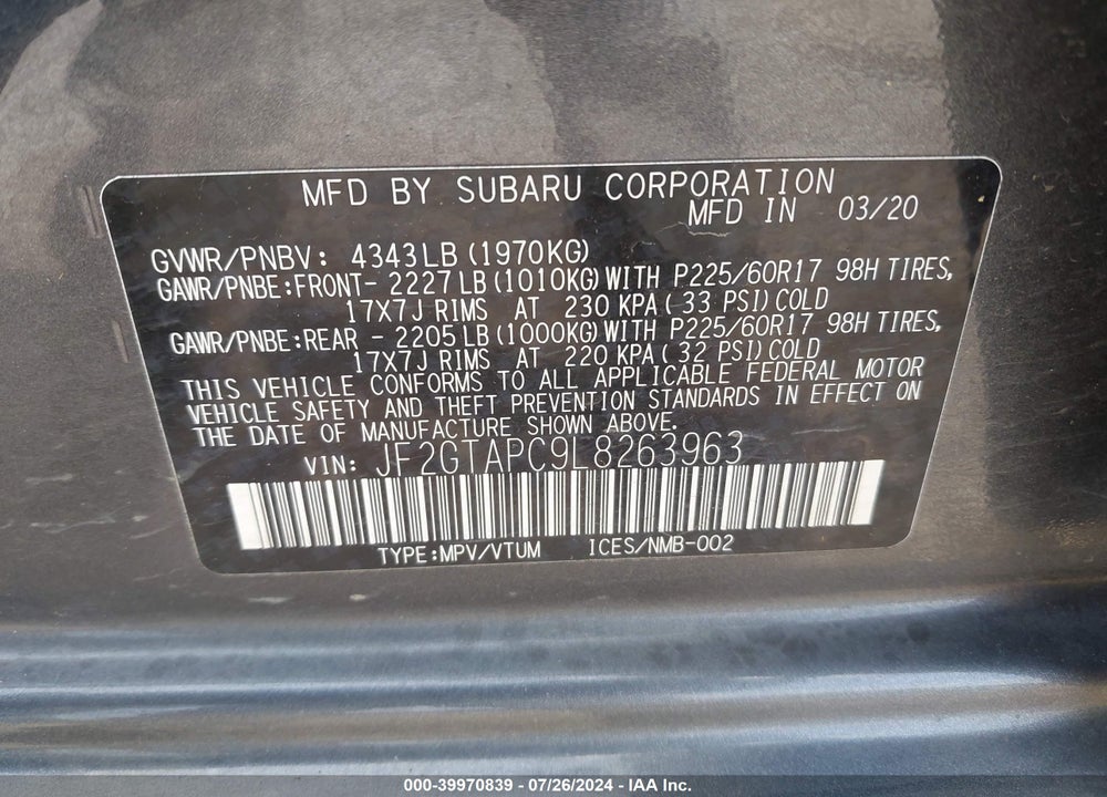2020 SUBARU CROSSTREK PREMIUM VIN: JF2GTAPC9L8263963