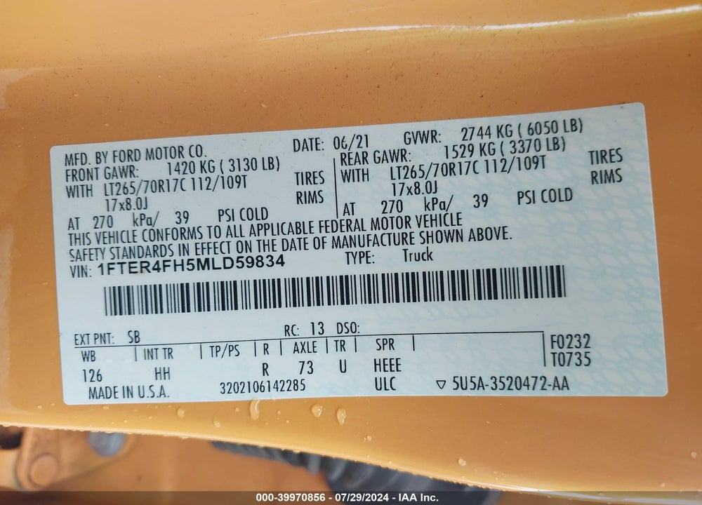 2021 FORD RANGER LARIAT VIN: 1FTER4FH5MLD59834