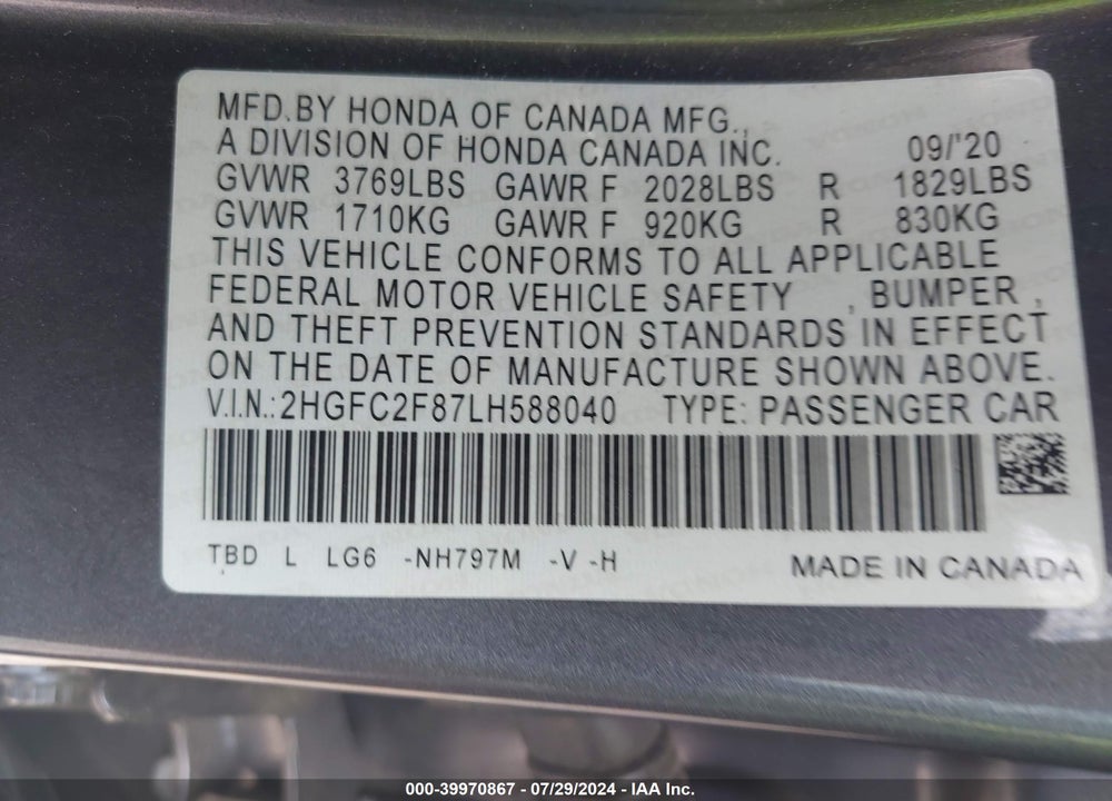 2020 HONDA CIVIC SPORT VIN: 2HGFC2F87LH588040