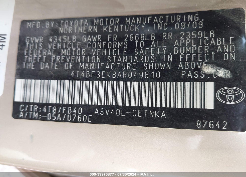 2010 TOYOTA CAMRY SE/LE/XLE VIN: 4T4BF3EK8AR049610