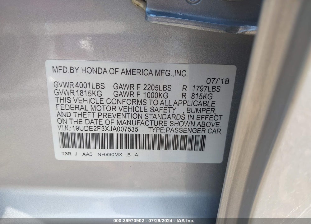 2018 ACURA ILX VIN: 19UDE2F3XJA007535