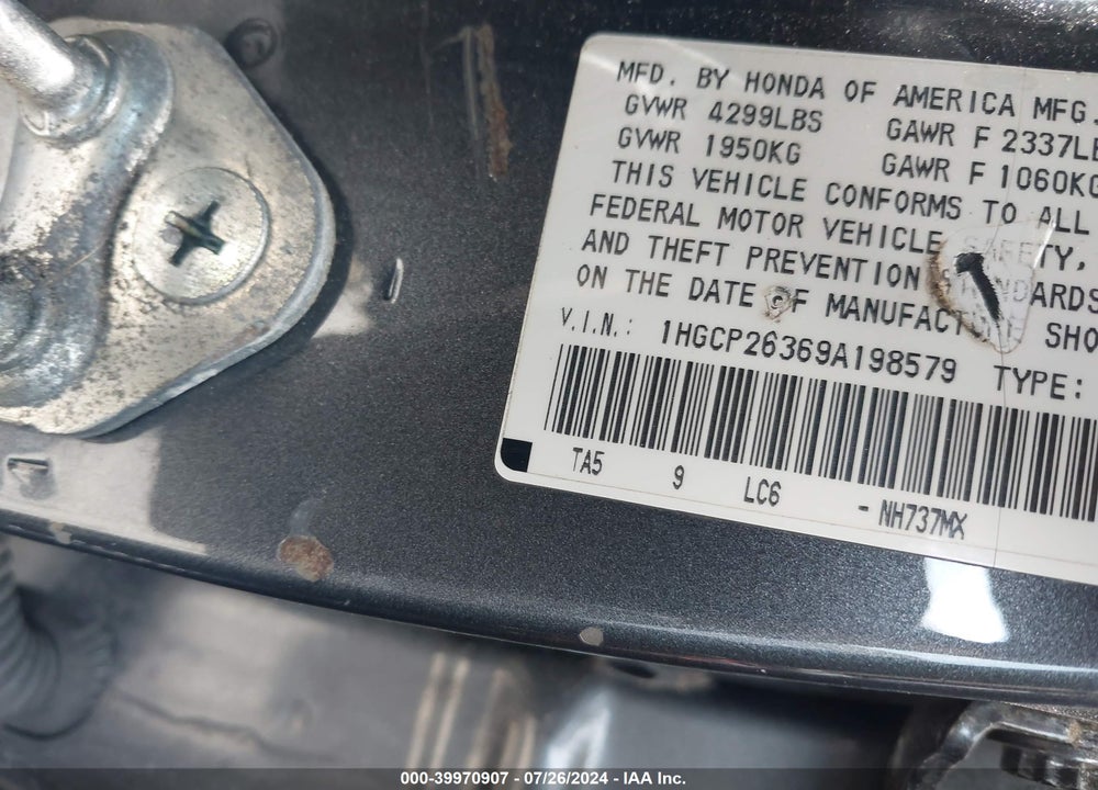 2009 HONDA ACCORD 2.4 LX VIN: 1HGCP26369A198579