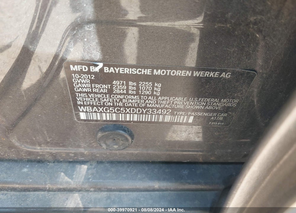 2013 BMW 528I VIN: WBAXG5C5XDDY33492