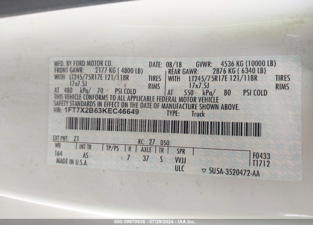 2019 FORD F-250 XL VIN: 1FT7X2B63KEC46649