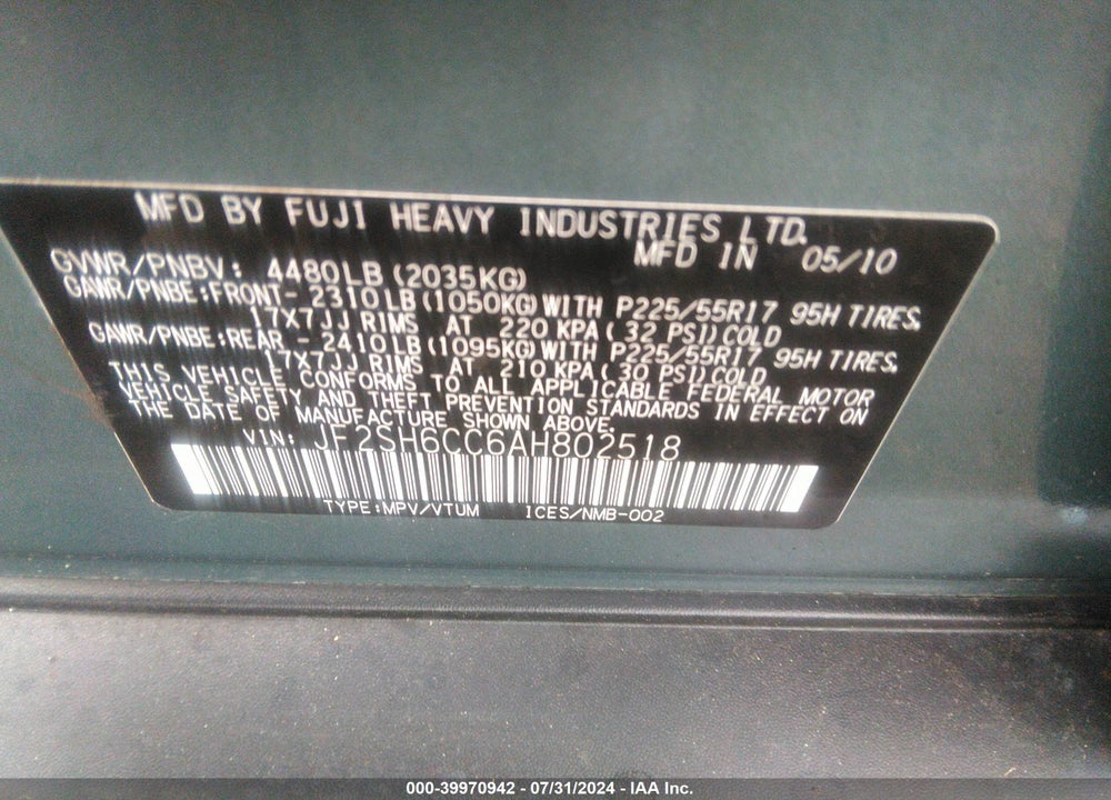 2010 SUBARU FORESTER 2.5X PREMIUM VIN: JF2SH6CC6AH802518