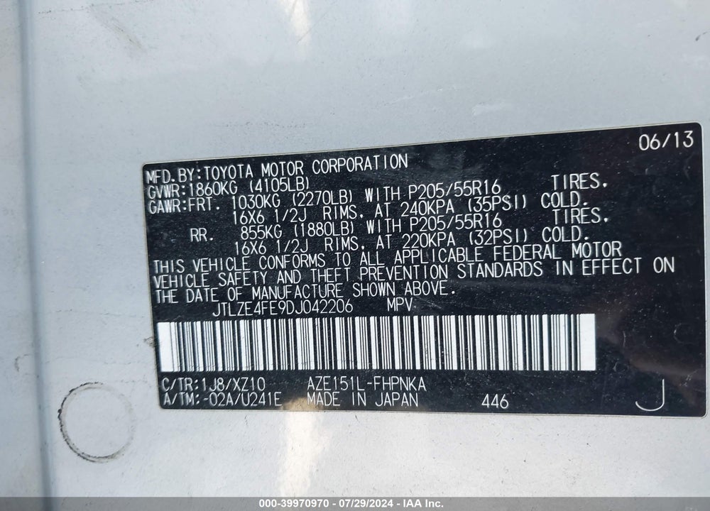 2013 SCION XB 10 SERIES VIN: JTLZE4FE9DJ042206