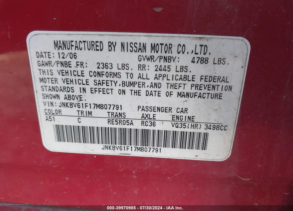 2007 INFINITI G35X VIN: JNKBV61F17M807791