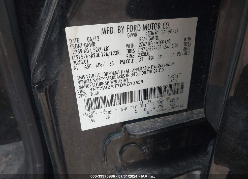 2013 FORD F-250 LARIAT VIN: 1FT7W2BT7DEB73538