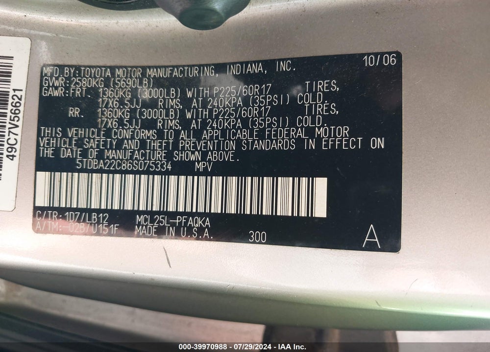 2006 TOYOTA SIENNA XLE VIN: 5TDBA22C86S075334